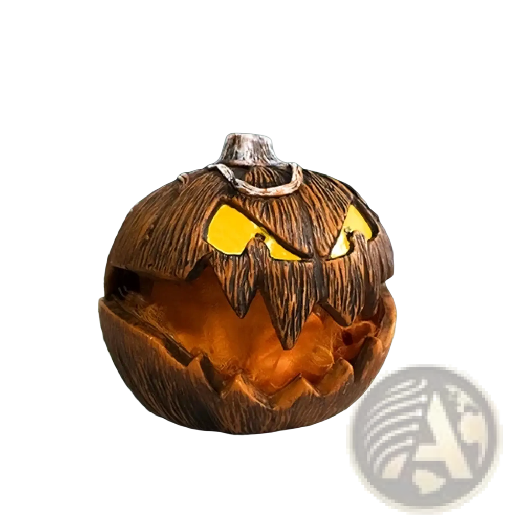 Animated halloween pumpkin talking decor features an orange carved pumpkin with glowing yellow eyes and bark-like texture