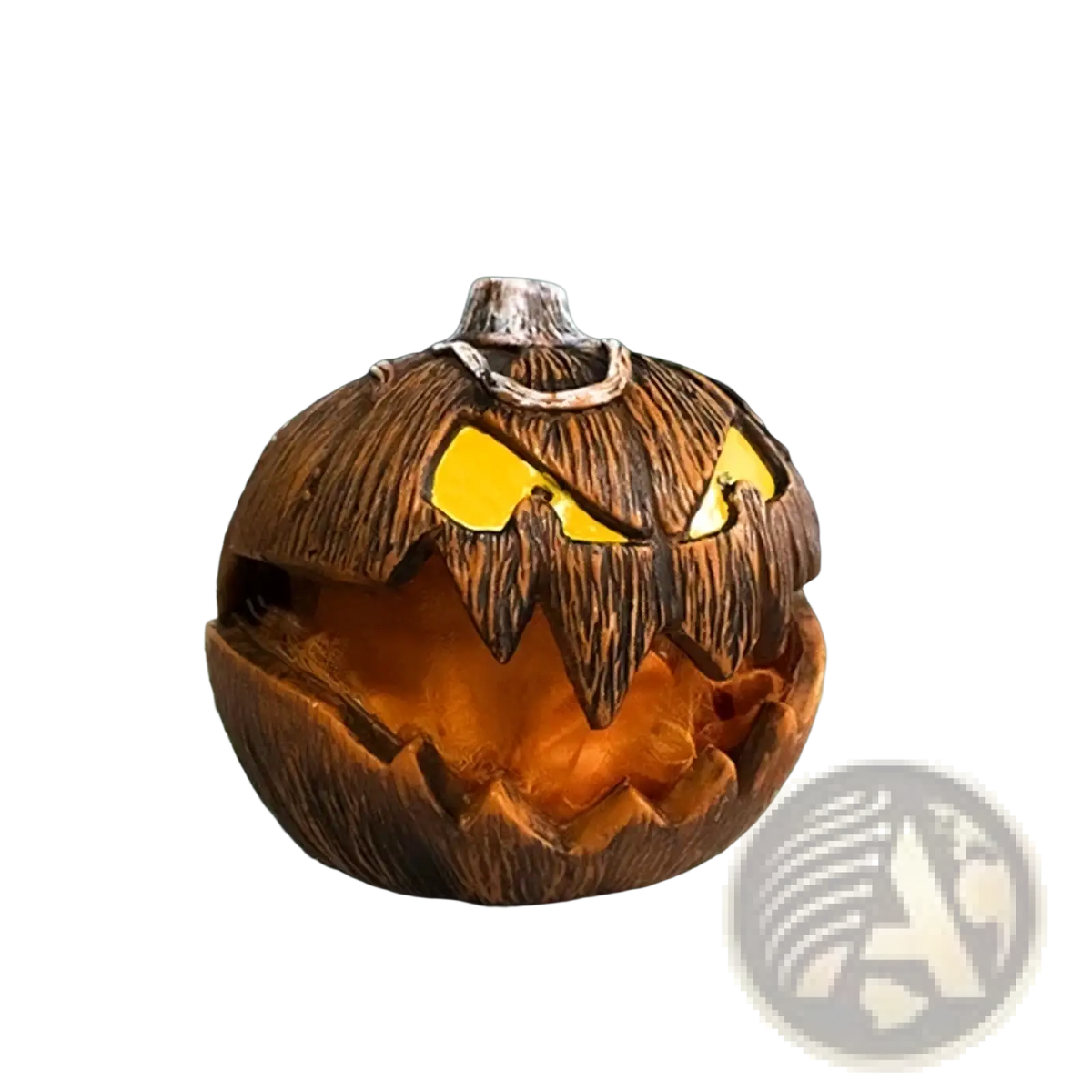 Animated halloween pumpkin talking decor features an orange carved pumpkin with glowing yellow eyes and bark-like texture