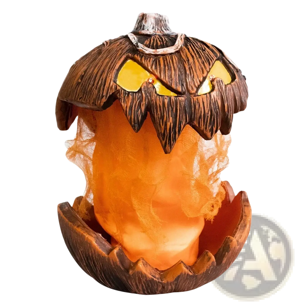 An animated halloween pumpkin talking decor featuring a glowing orange lantern with a carved menacing face and brown exterior