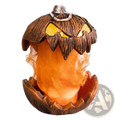 An animated halloween pumpkin talking decor featuring a glowing orange lantern with a carved menacing face and brown exterior
