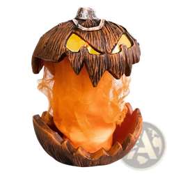 An animated halloween pumpkin talking decor featuring a glowing orange lantern with a carved menacing face and brown exterior