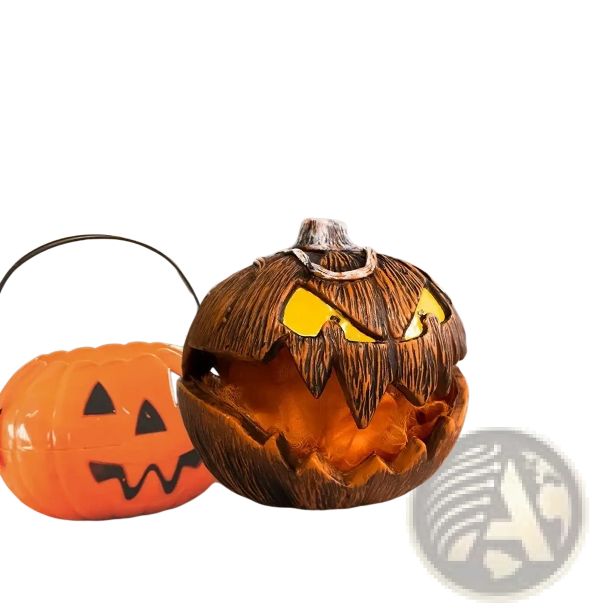A rustic brown animated halloween pumpkin talking decor lantern with glowing yellow eyes and wood grain texture