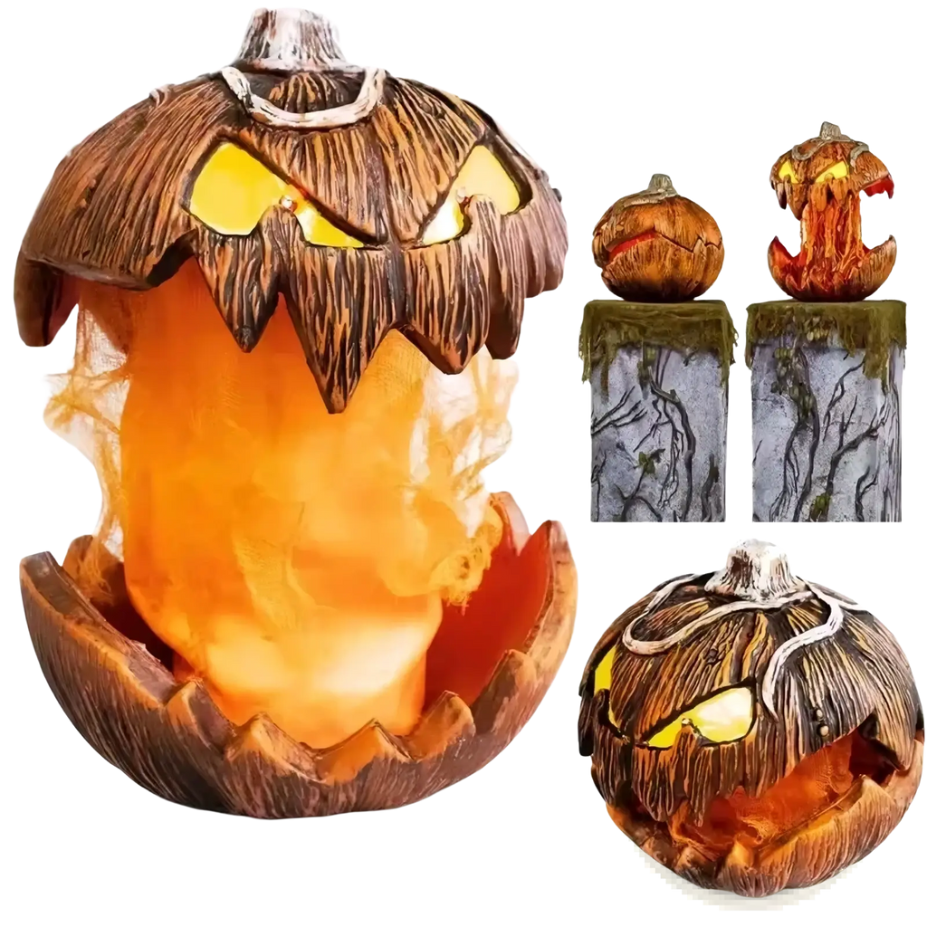 Animated Halloween pumpkin talking decor with a spooky glowing carved face and textured brown exterior lantern