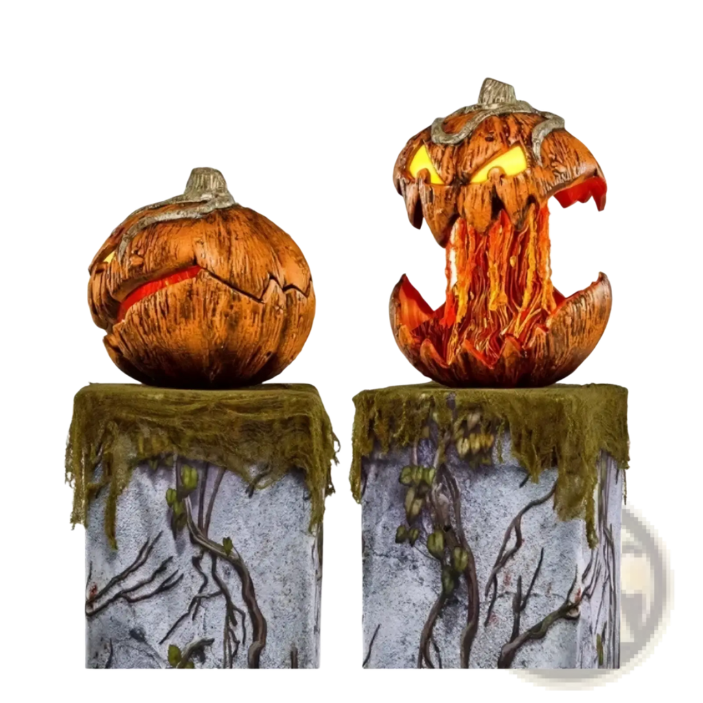 Two intricately carved orange animated halloween pumpkin talking decor with glowing yellow eyes and fiery light effects