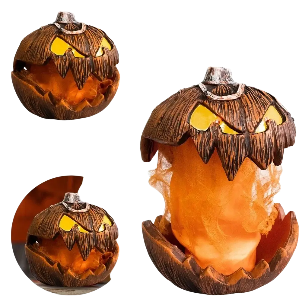 Animated halloween pumpkin talking decor with a carved textured brown exterior and glowing yellow eyes emitting orange light