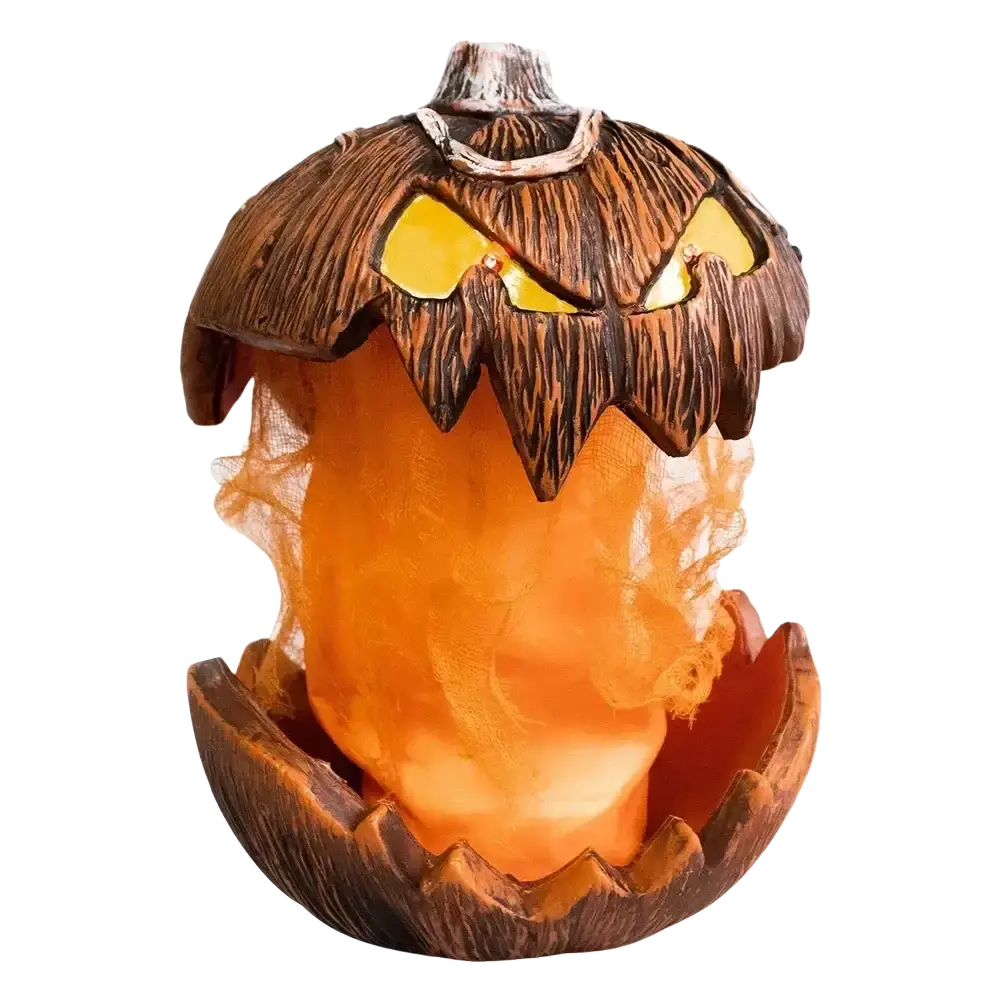 Glowing orange animated halloween pumpkin talking lantern with carved leafy top and yellow eyes for festive decor