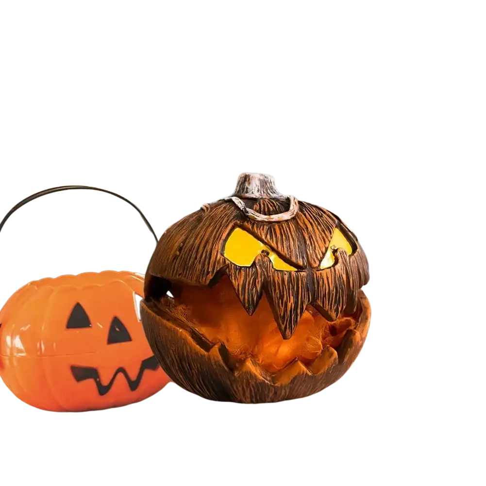 A rustic brown animated halloween pumpkin talking decor lantern with glowing yellow eyes and wood grain texture