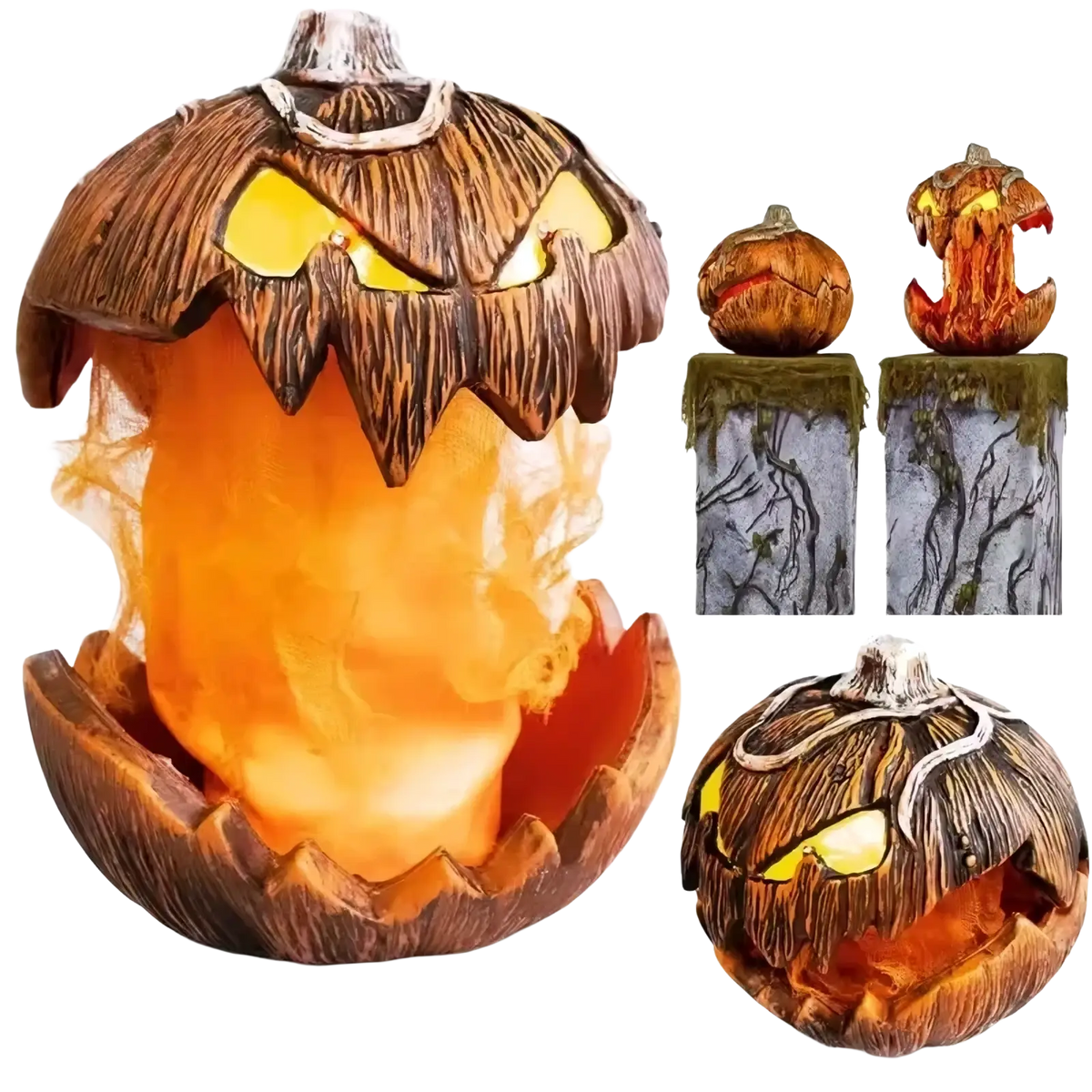 Animated Halloween pumpkin talking decor with a spooky glowing carved face and textured brown exterior lantern