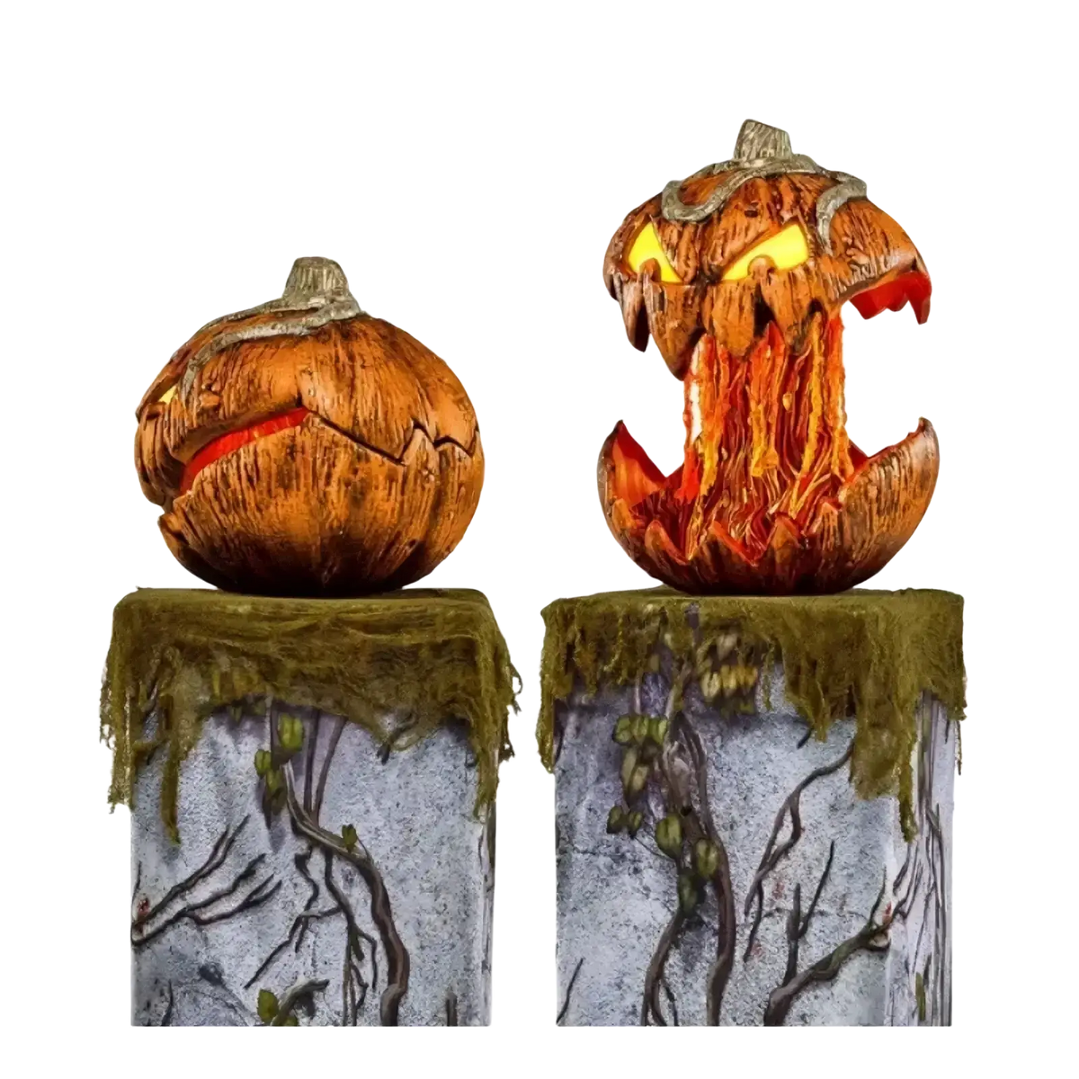 Two intricately carved orange animated halloween pumpkins with glowing eyes and menacing expressions one melting inside