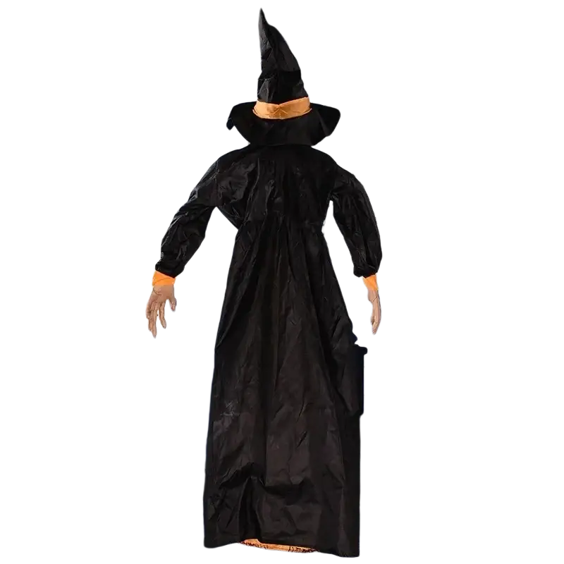 Animated halloween witch hanging prop in black with orange trim and glowing hands for haunted house electric toys haunted