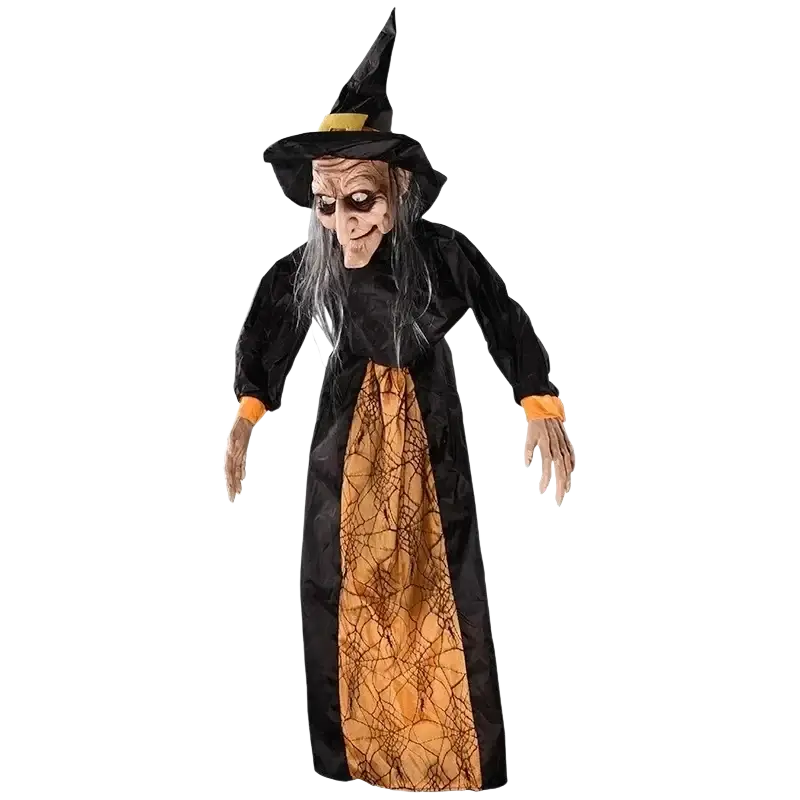 Black witch costume with tall pointed hat and orange spiderweb trim for animated haunted house toys haunted house prop