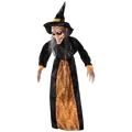 Black witch costume with tall pointed hat and orange spiderweb trim for animated haunted house toys haunted house prop
