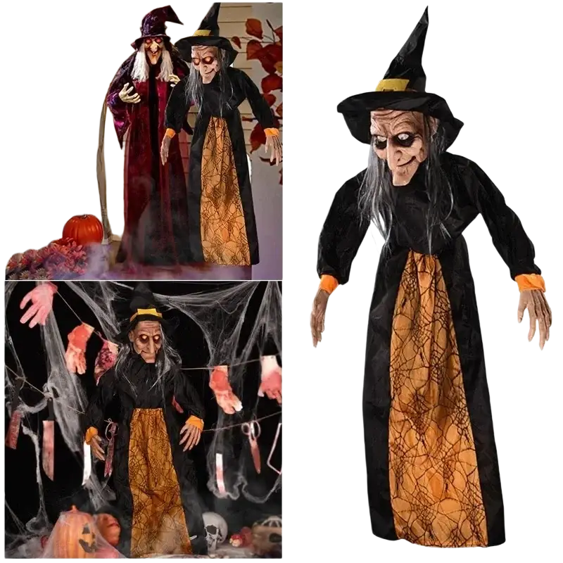 Animated halloween witch hanging prop in black and orange with spiderweb skirt for haunted house electric toys haunted
