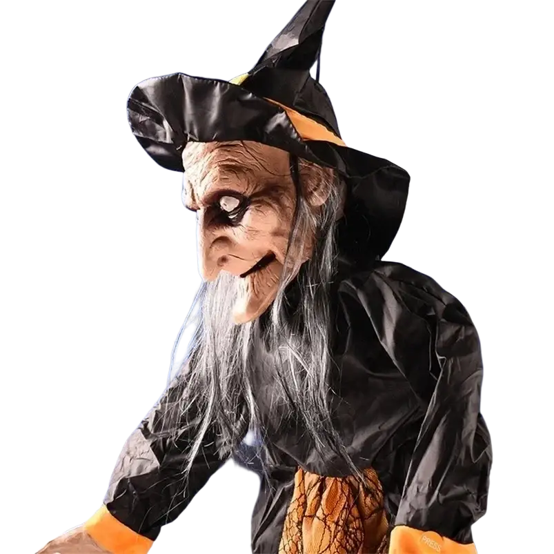 Animated halloween witch hanging prop with black and orange outfit and wrinkled face mask for haunted house use