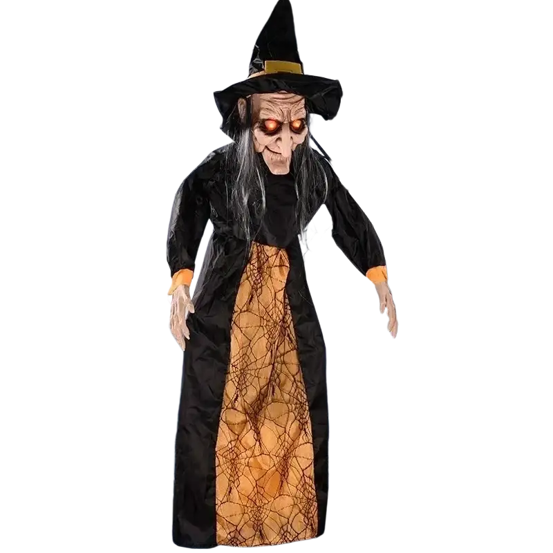 Spooky animated halloween witch hanging prop with glowing orange eyes wearing black coat and spiderweb dress for haunted house