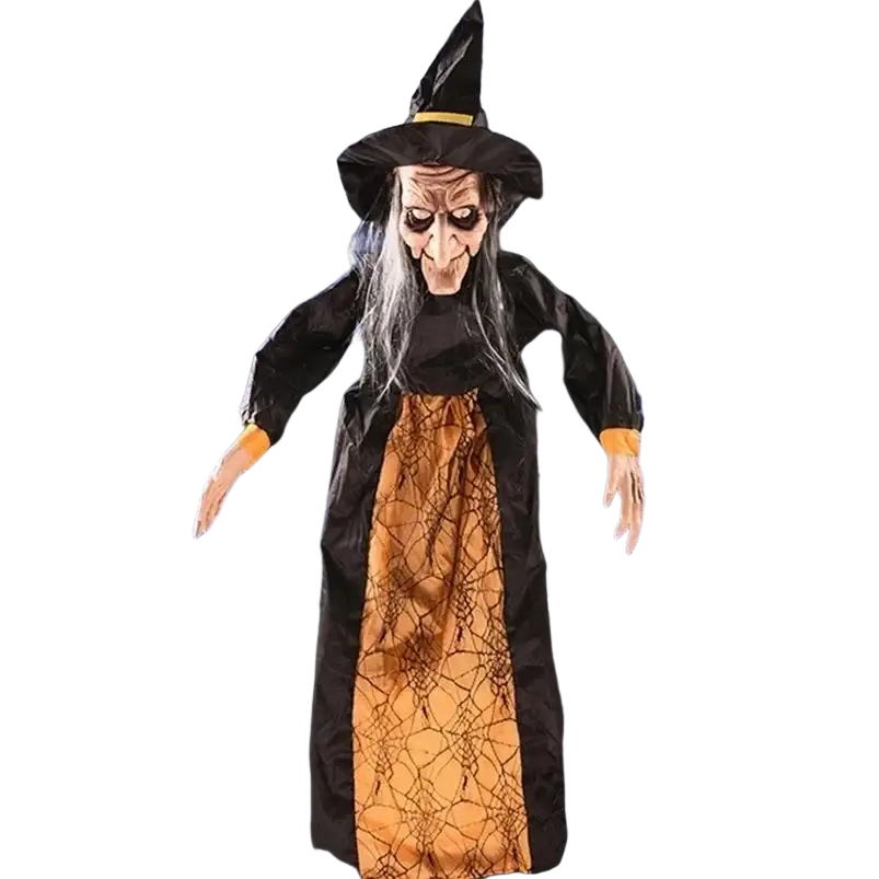 Animated halloween witch hanging prop with black pointed hat and spiderweb orange dress for haunted house toys haunted house