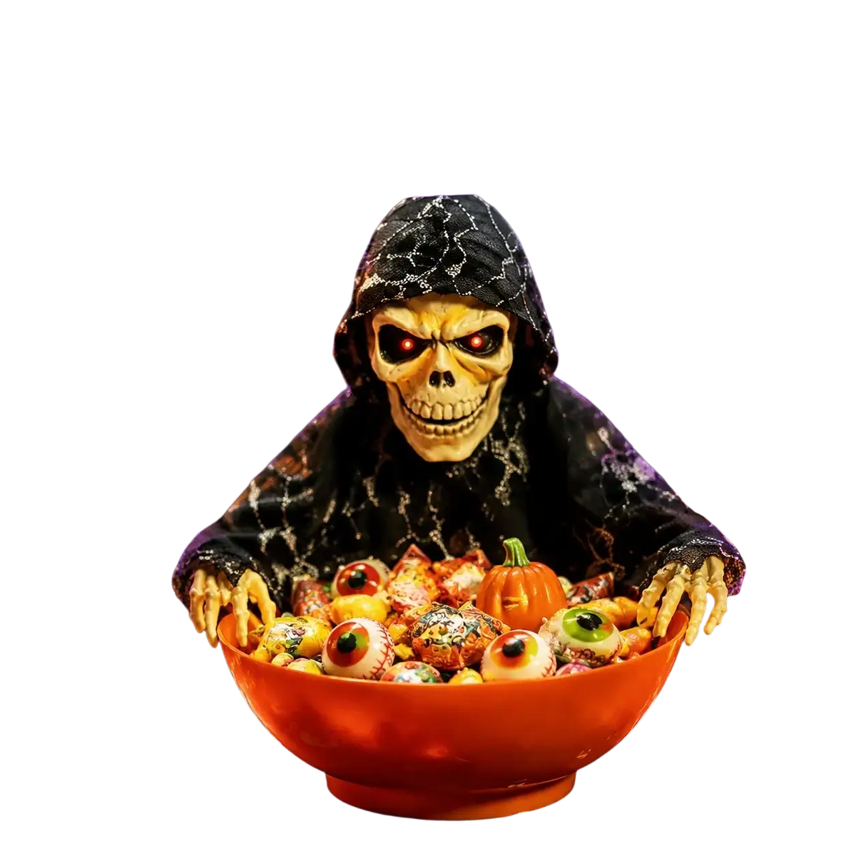 Animated skeleton halloween candy bowl with led glowing eyes, pop-up dancing head, and colorful candies inside