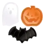 Animated skeleton halloween candy bowl featuring black bat shaped decorations with orange circular accents