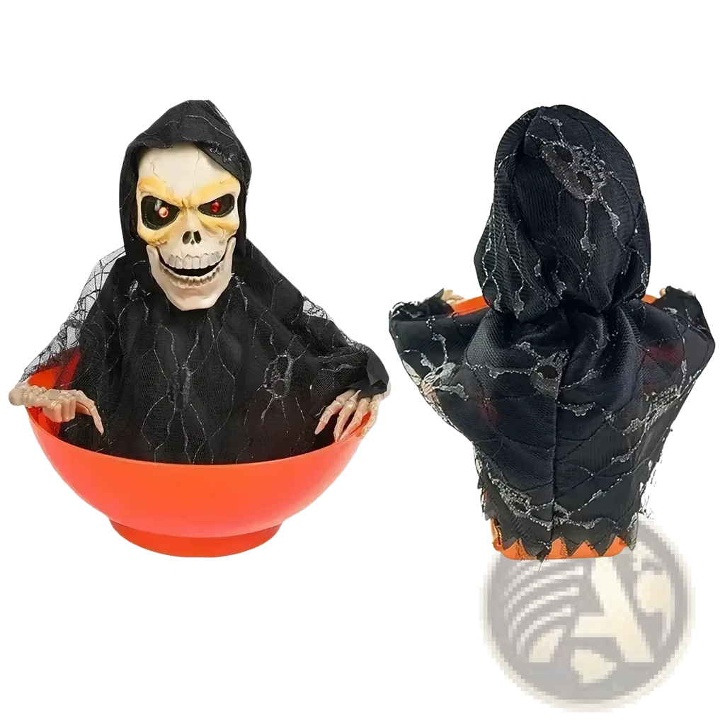 Animated skeleton halloween candy bowl features a black spooky skeleton in hooded robe with glowing red eyes inside orange bowl