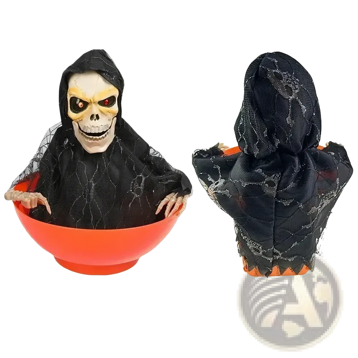 Animated skeleton halloween candy bowl features a black spooky skeleton in hooded robe with glowing red eyes inside orange bowl