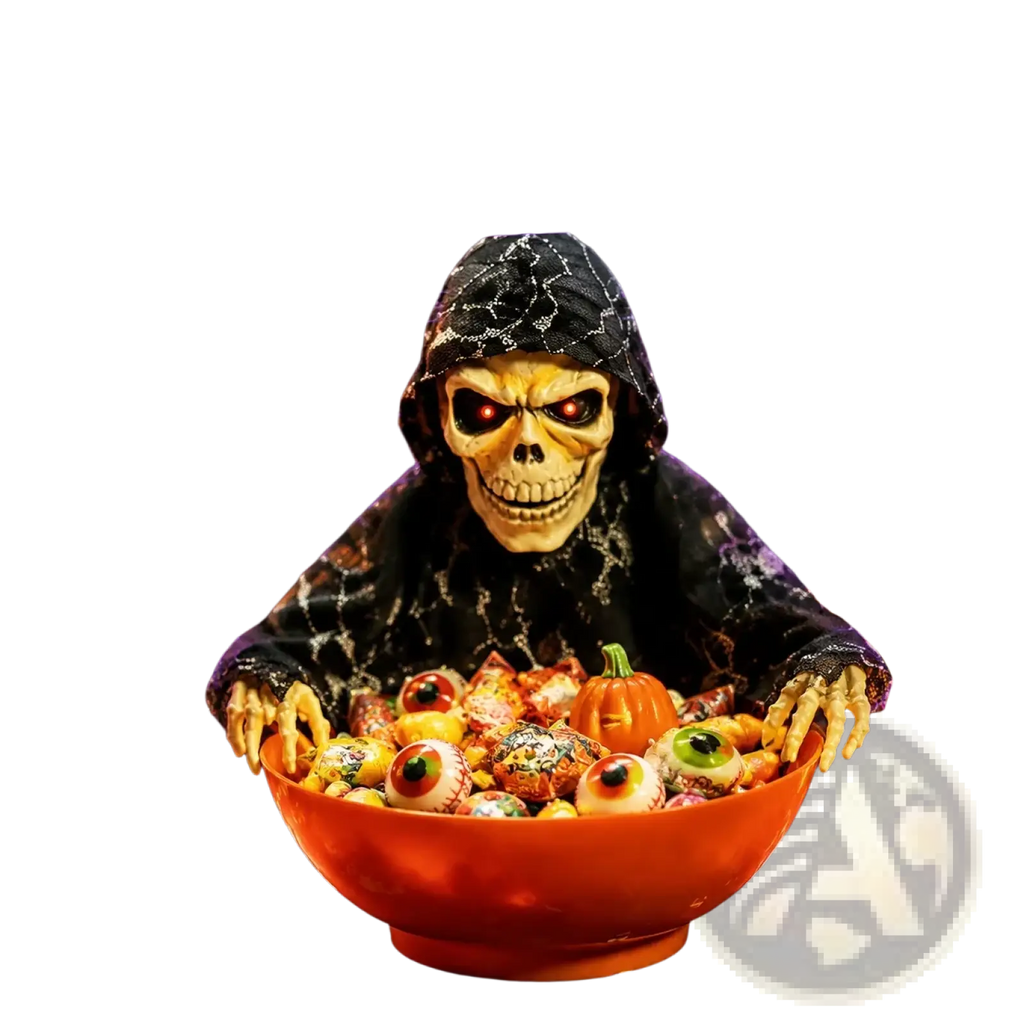 Animated skeleton halloween candy bowl with led glowing eyes, pop-up dancing head, and colorful candies inside