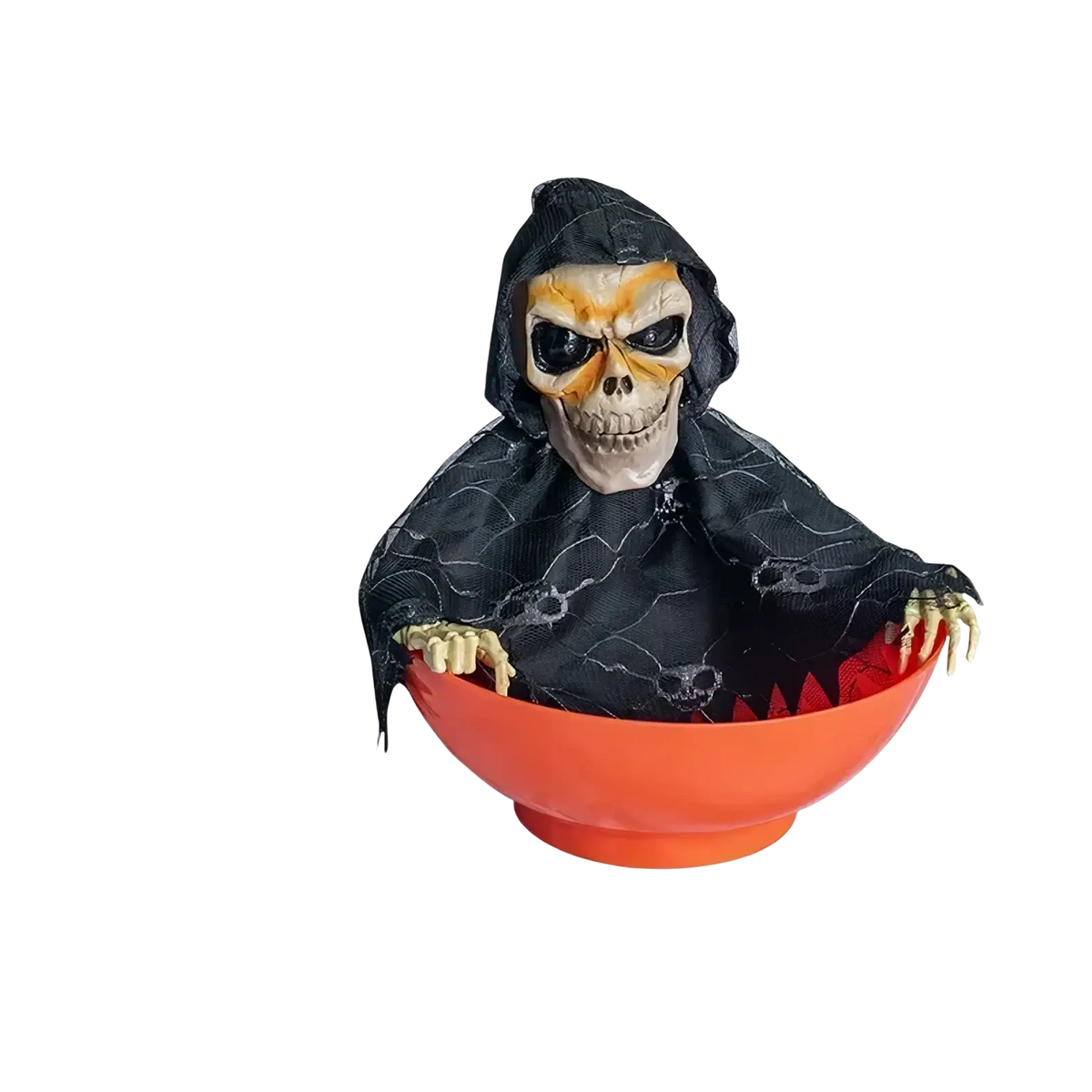 Orange plastic animated skeleton Halloween candy bowl with black hooded figure featuring yellow and white facial details