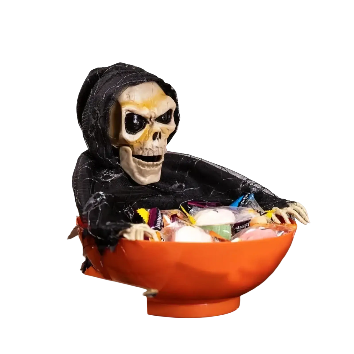Orange plastic halloween candy bowl with animated skeleton grim reaper figurine holding assorted candy