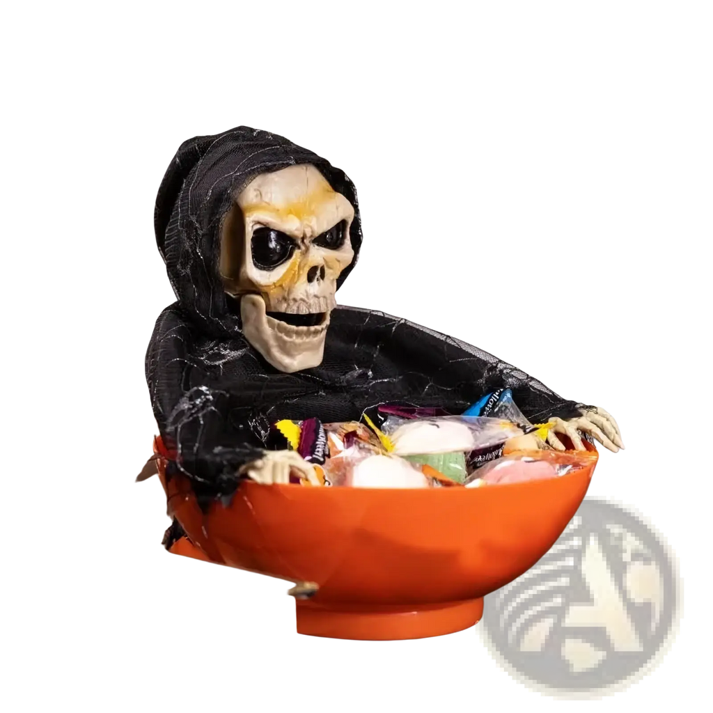 Orange plastic candy bowl featuring an animated black hooded skeleton figure for Halloween candy display