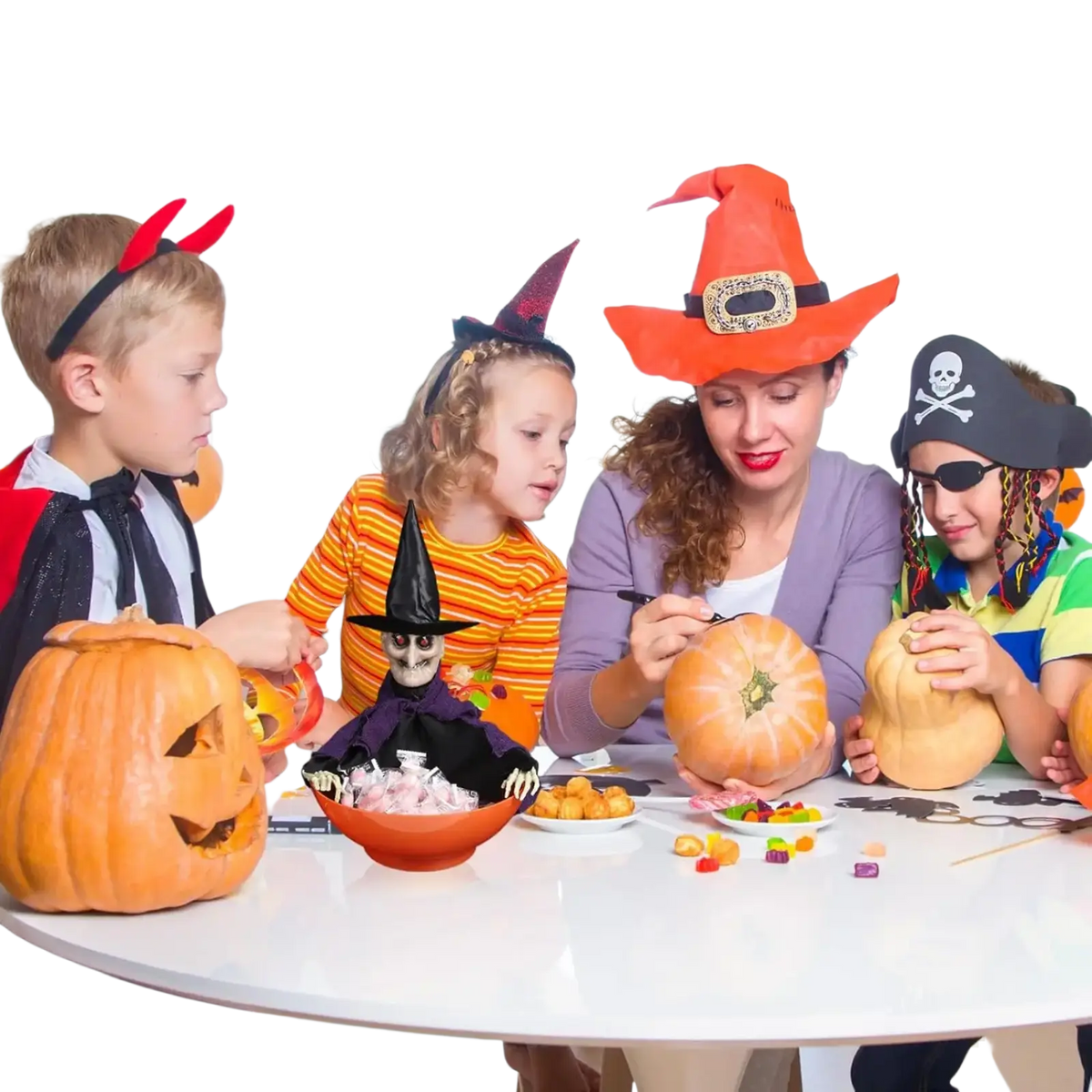Orange animated skeleton Halloween candy bowl featuring a carved pumpkin face with a black witch hat decoration