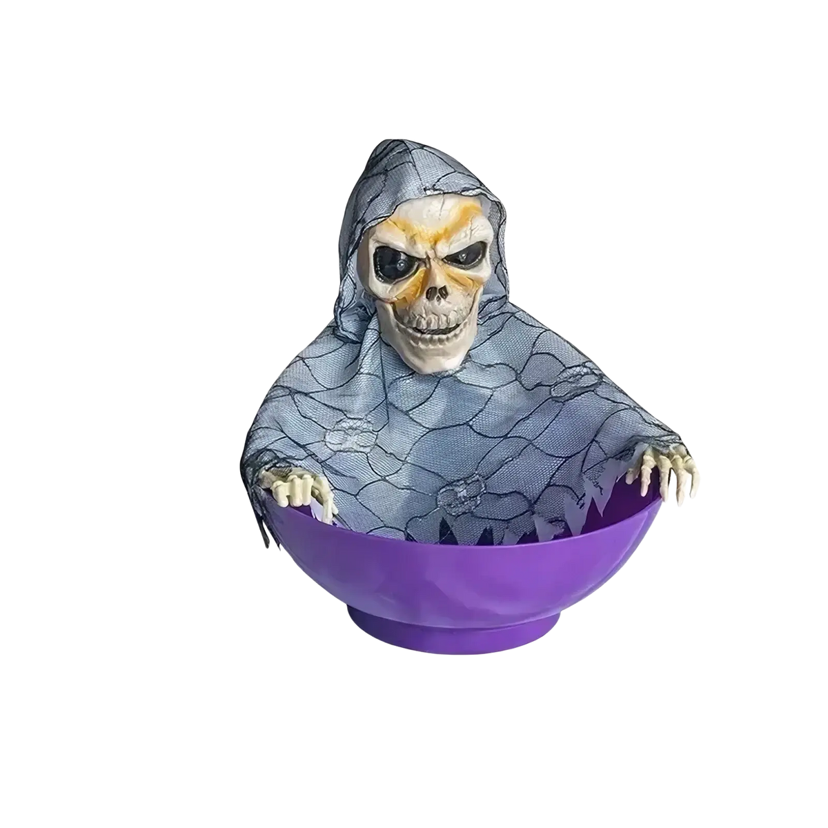 Animated skeleton halloween candy bowl with purple plastic bowl and skeletal figure in gray mesh hooded robe emerging