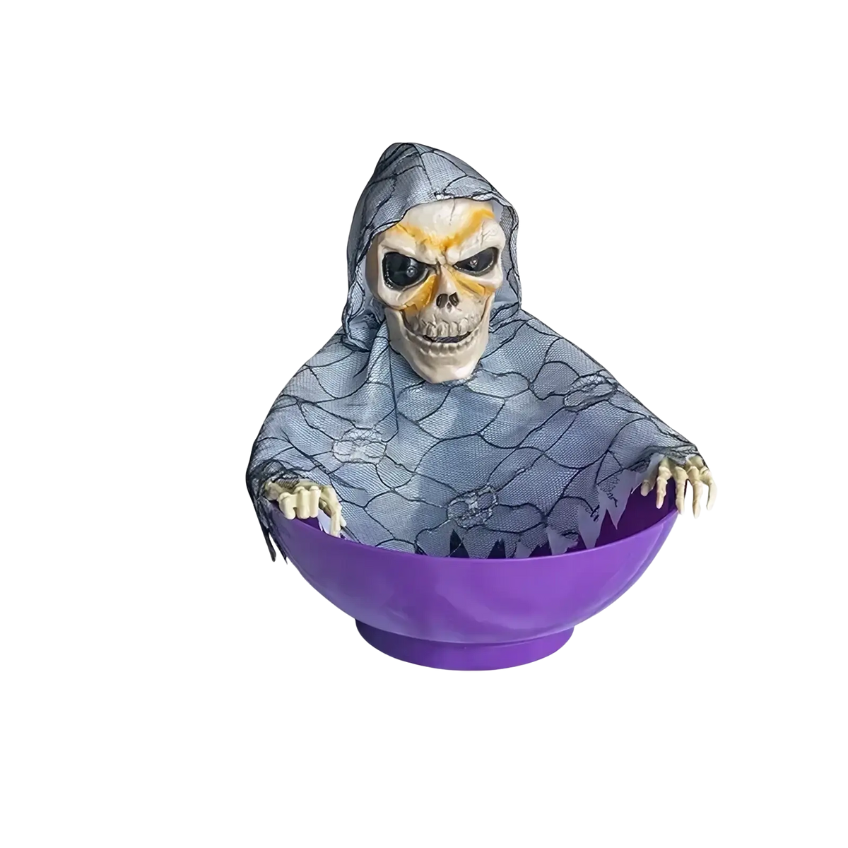Purple plastic animated skeleton halloween candy bowl with a skeletal figure in gray mesh hooded robe emerging from it