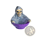 Purple plastic animated skeleton halloween candy bowl with a skeletal figure in gray mesh hooded robe emerging from it