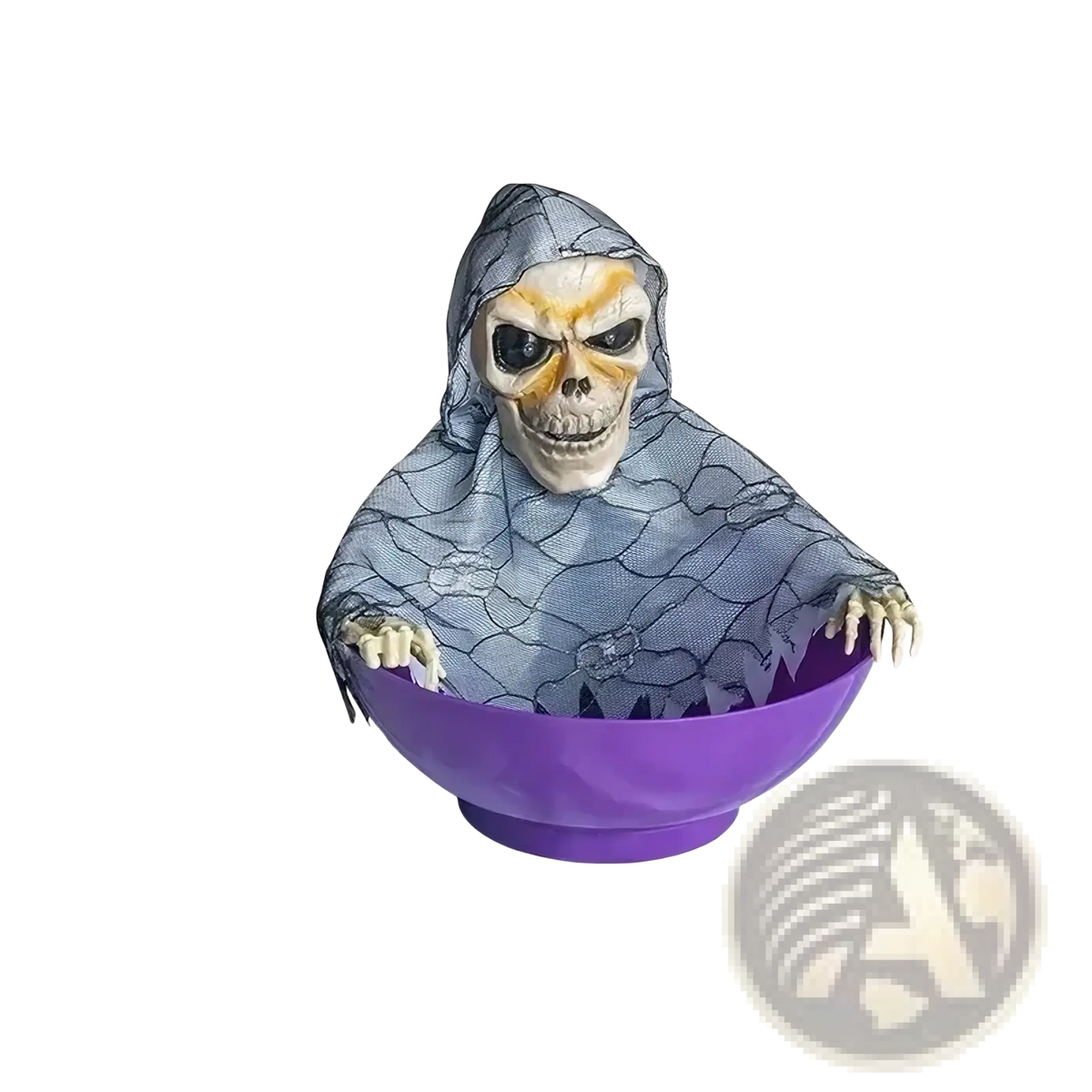 Animated skeleton halloween candy bowl with purple plastic bowl and skeletal figure in gray mesh hooded robe emerging