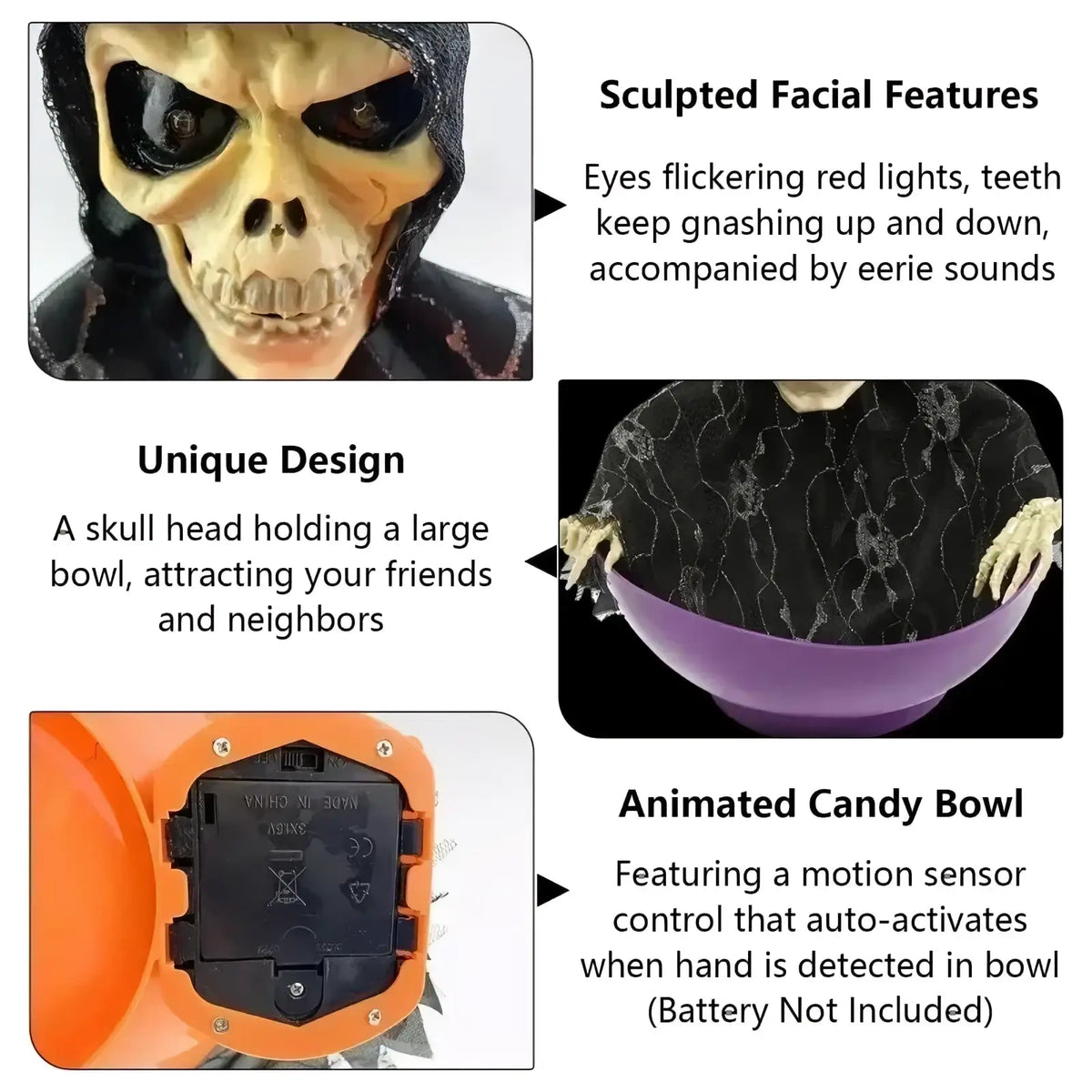 Animated skeleton halloween candy bowl with black and beige sculpted skull head holding motion-activated purple bowl