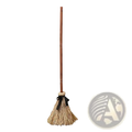 A rustic straw witch broom with wooden handle and black ribbon tie for animated sound activated Halloween décor