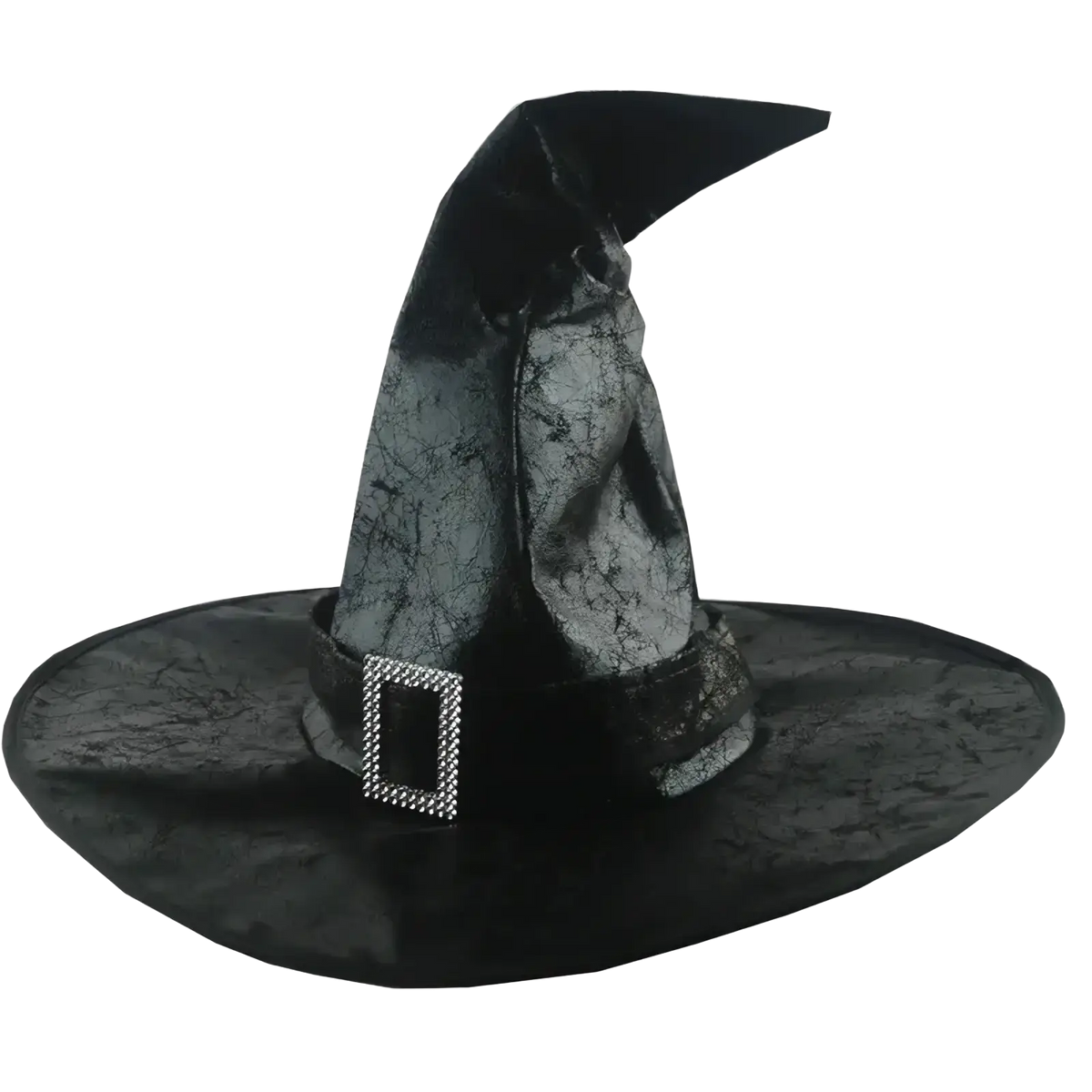Animated witch broom black witch hat with wide brim and tall pointed cracked textured crown for halloween prop