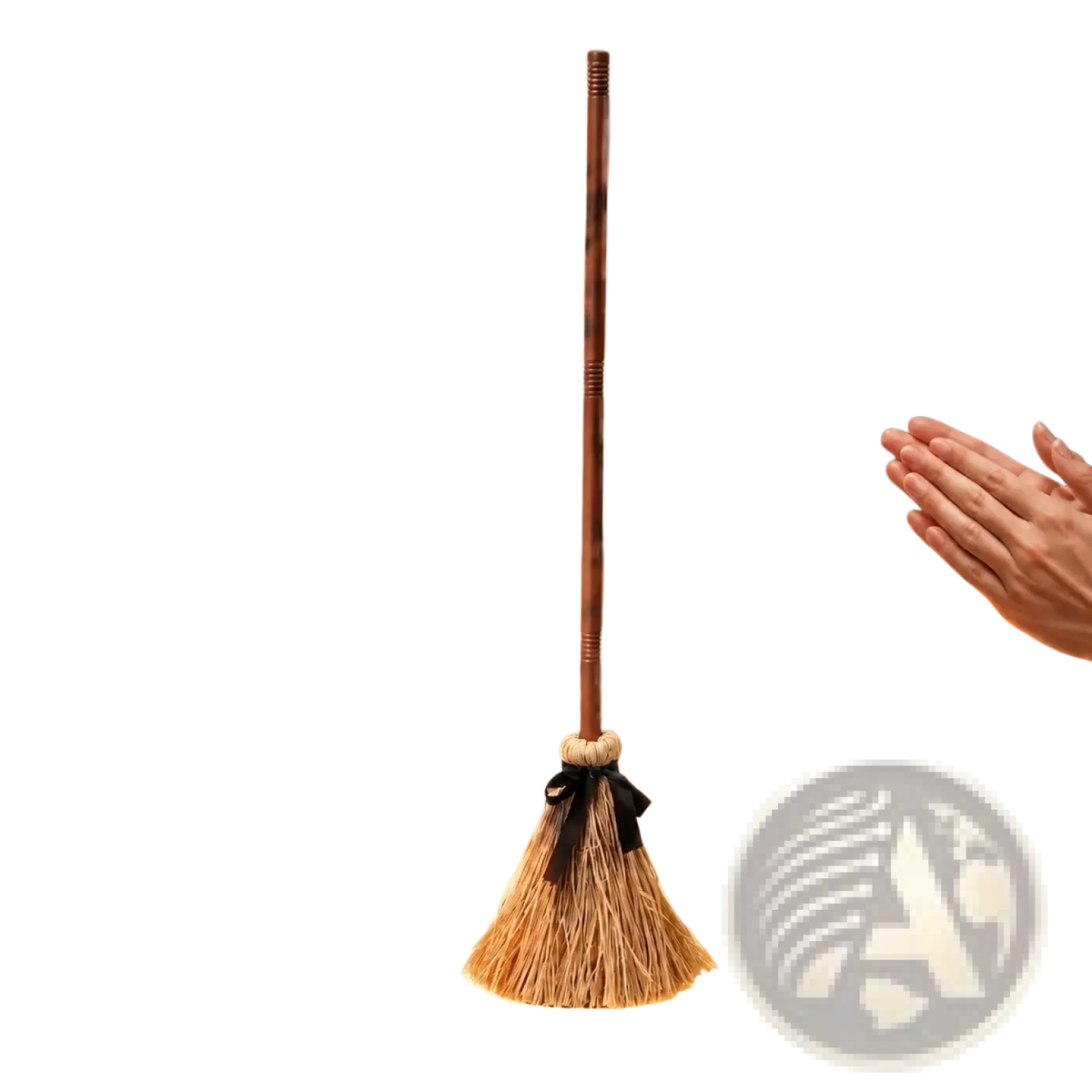 Animated witch broom with golden-brown straw bristles black ribbon and glowing orange magical effects Halloween prop