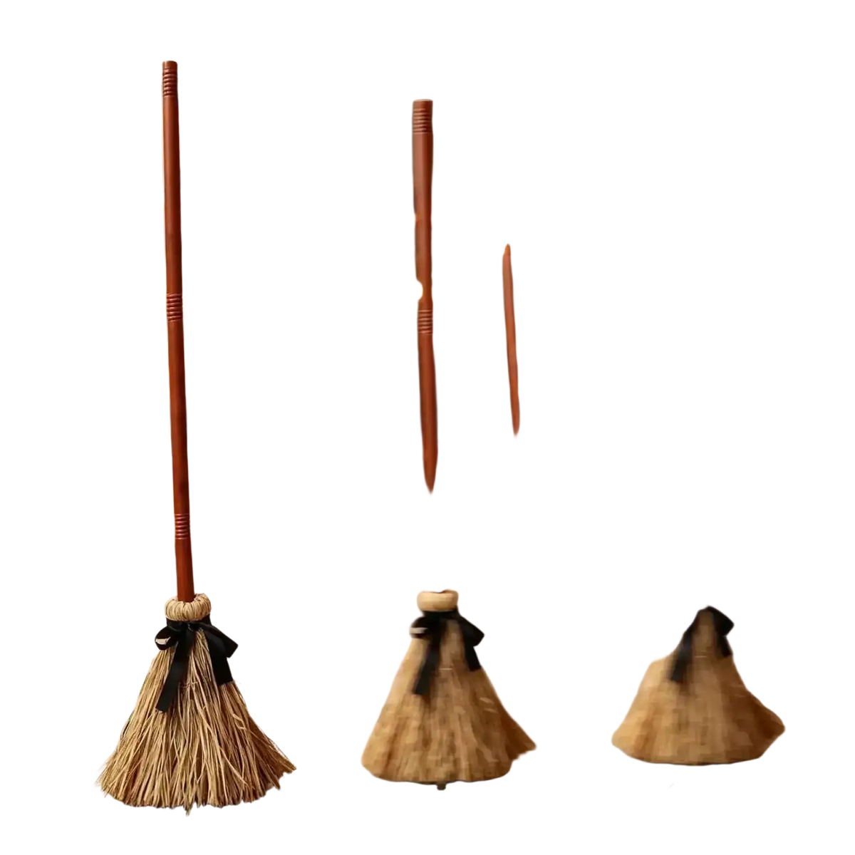 A rustic straw animated witch broom with a polished wooden handle tied with a black ribbon for Halloween use