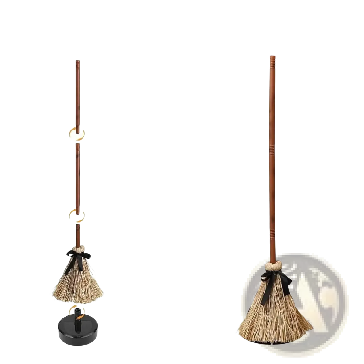 Animated witch broom sound activated halloween prop with rustic straw bristles dark brown wooden handle and black ribbon