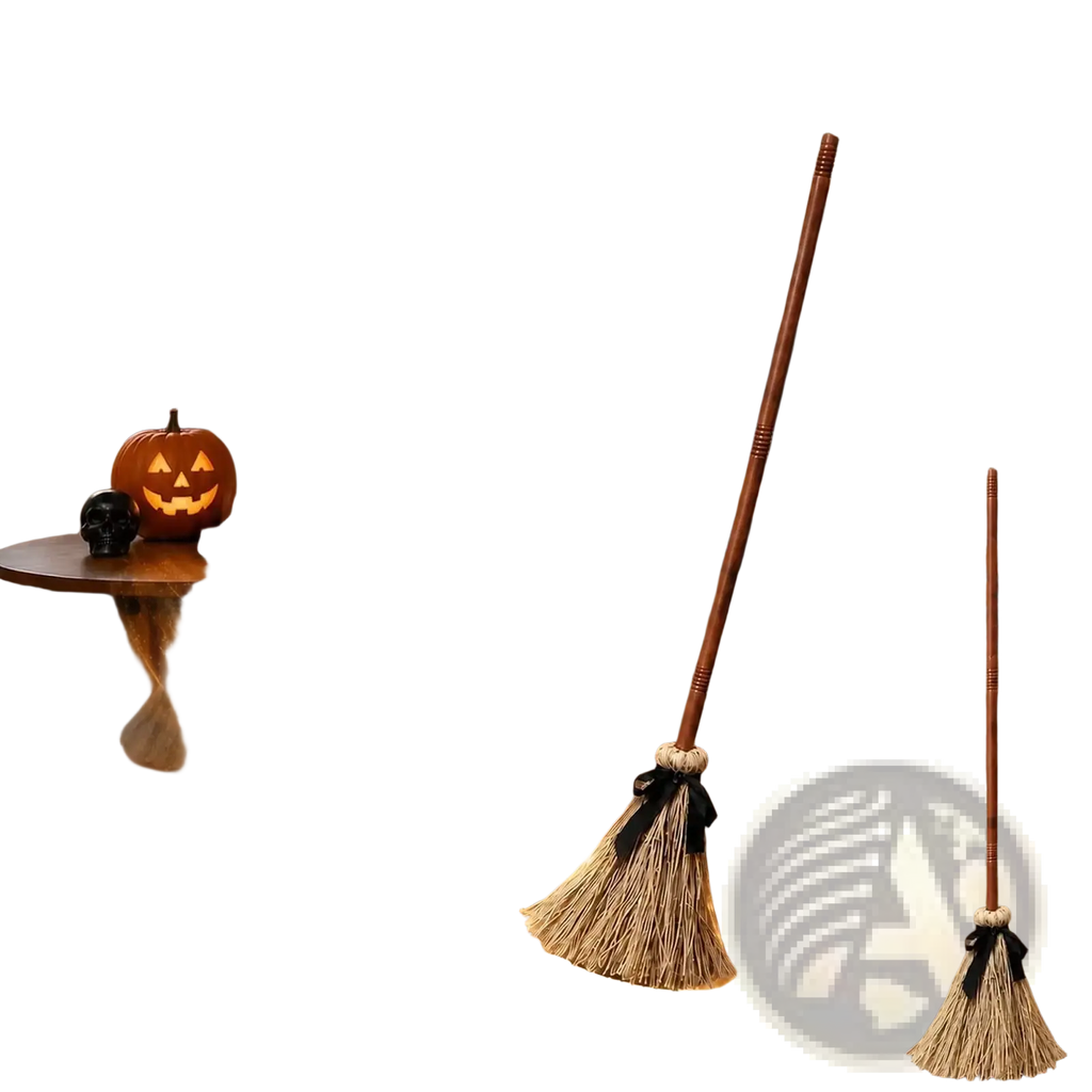 Animated witch broom sound activated halloween prop with rustic wooden handle natural straw bristles and black ribbon standing upright