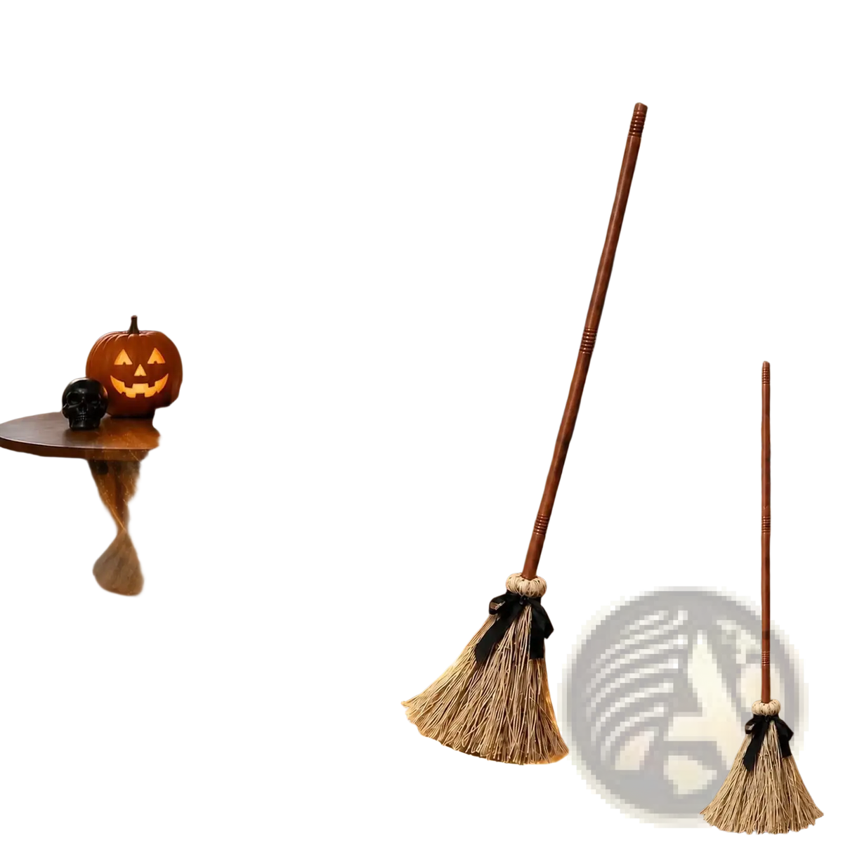 Animated witch broom sound activated halloween prop with rustic wooden handle natural straw bristles and black ribbon standing upright