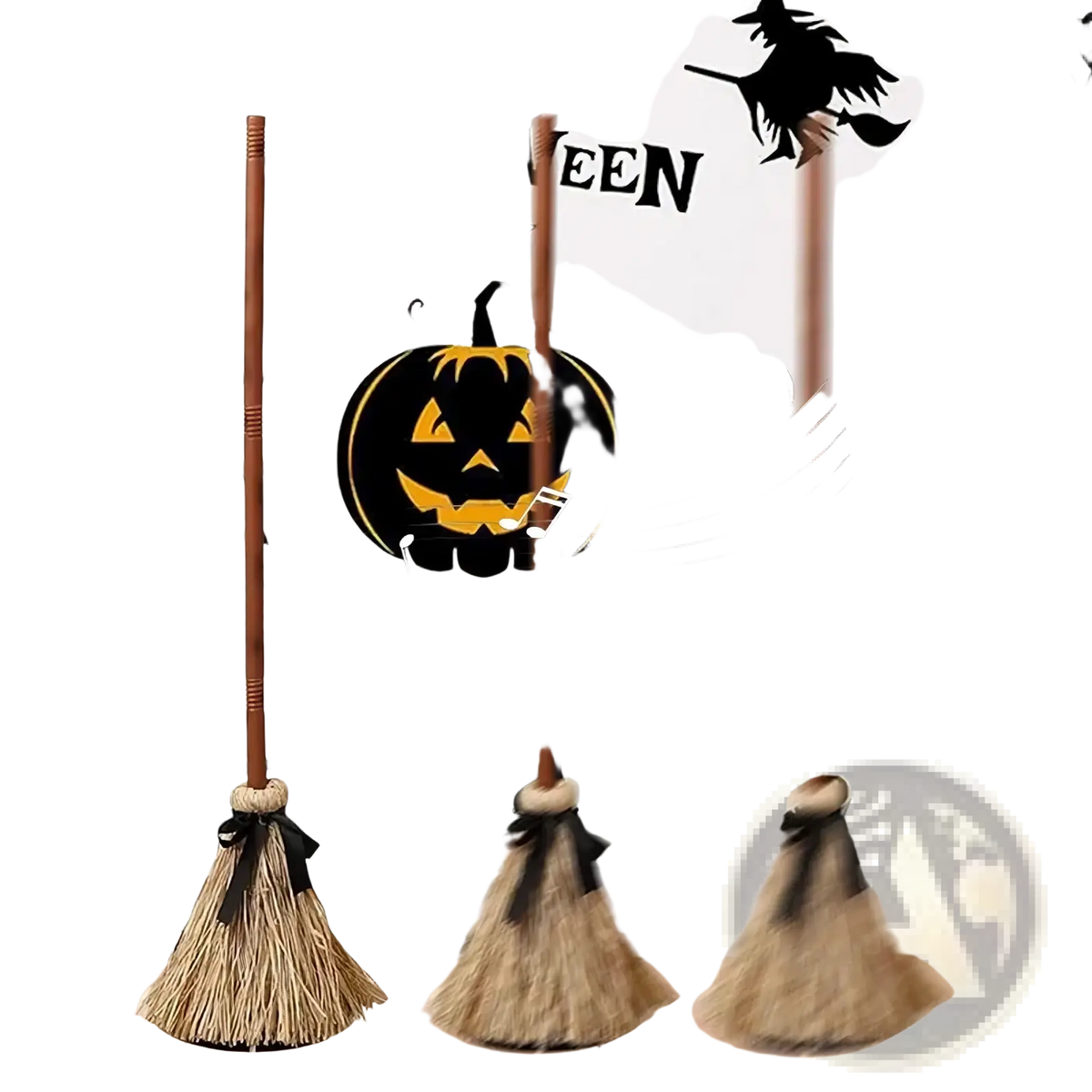 Three rustic straw brooms with wooden handles and black ribbons as animated witch broom sound activated halloween prop