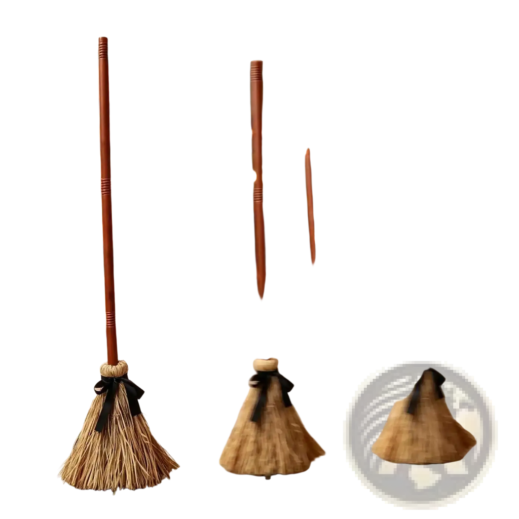 Three rustic straw brooms with wooden handles and black ribbon ties for animated witch broom sound activated halloween prop
