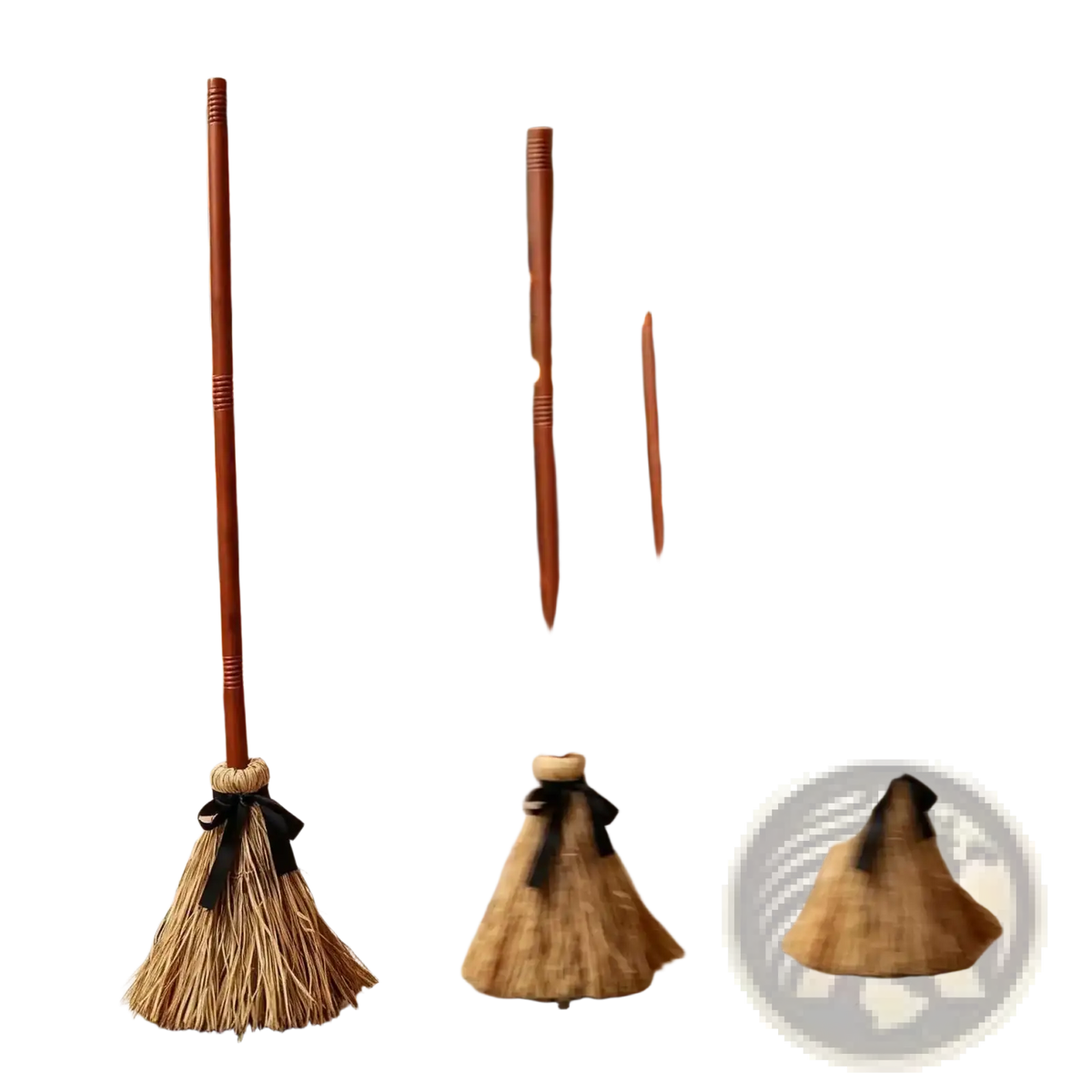 Three rustic straw brooms with wooden handles and black ribbon ties for animated witch broom sound activated halloween prop
