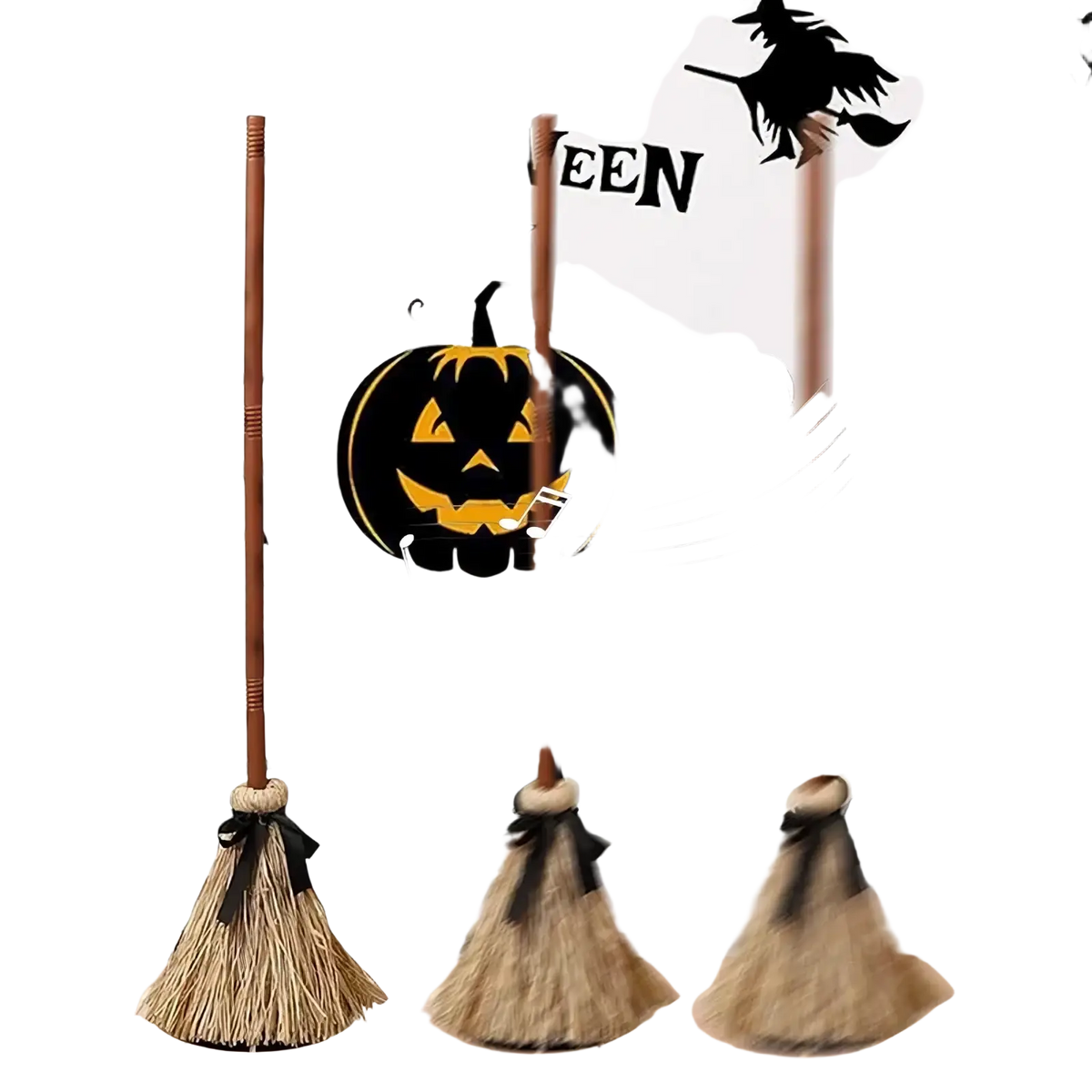 Three rustic straw brooms with wooden handles and black ribbons as animated witch broom sound activated halloween prop