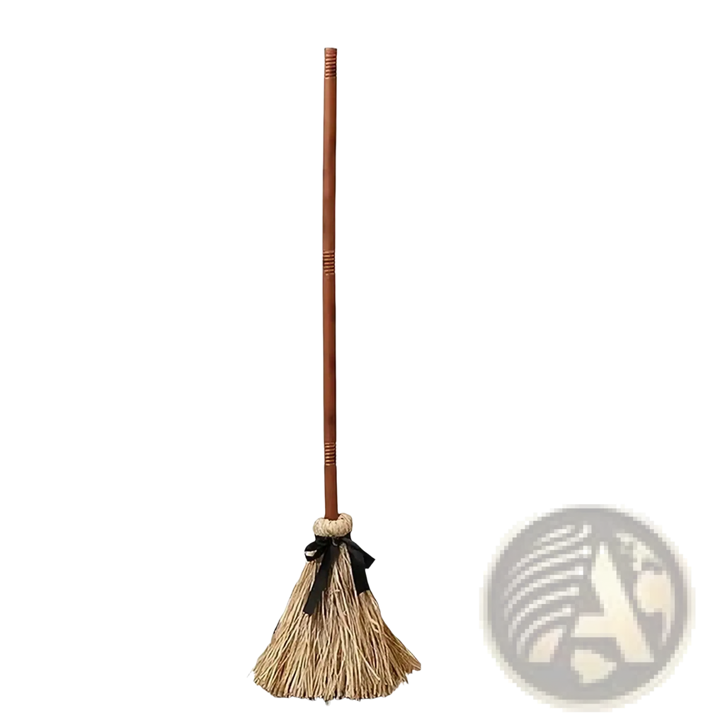 Animated witch broom sound activated Halloween prop featuring a traditional straw broom with wooden handle and black ribbon