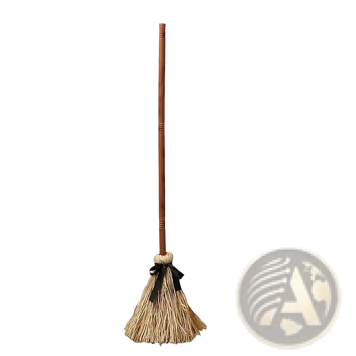 Animated witch broom sound activated Halloween prop featuring a traditional straw broom with wooden handle and black ribbon