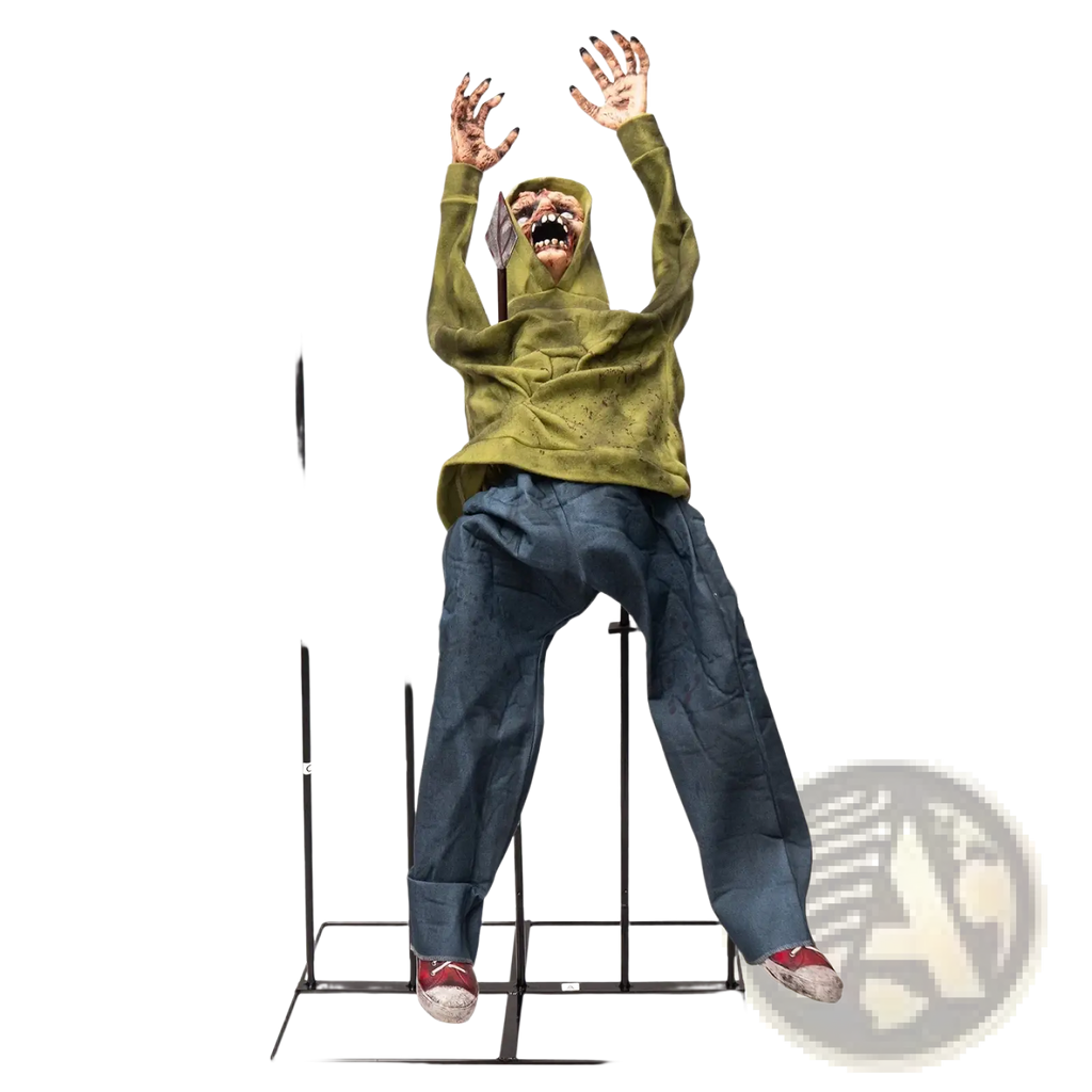 Animated zombie fence breaker halloween decoration featuring a distressed green hoodie and blue pants on iron throne