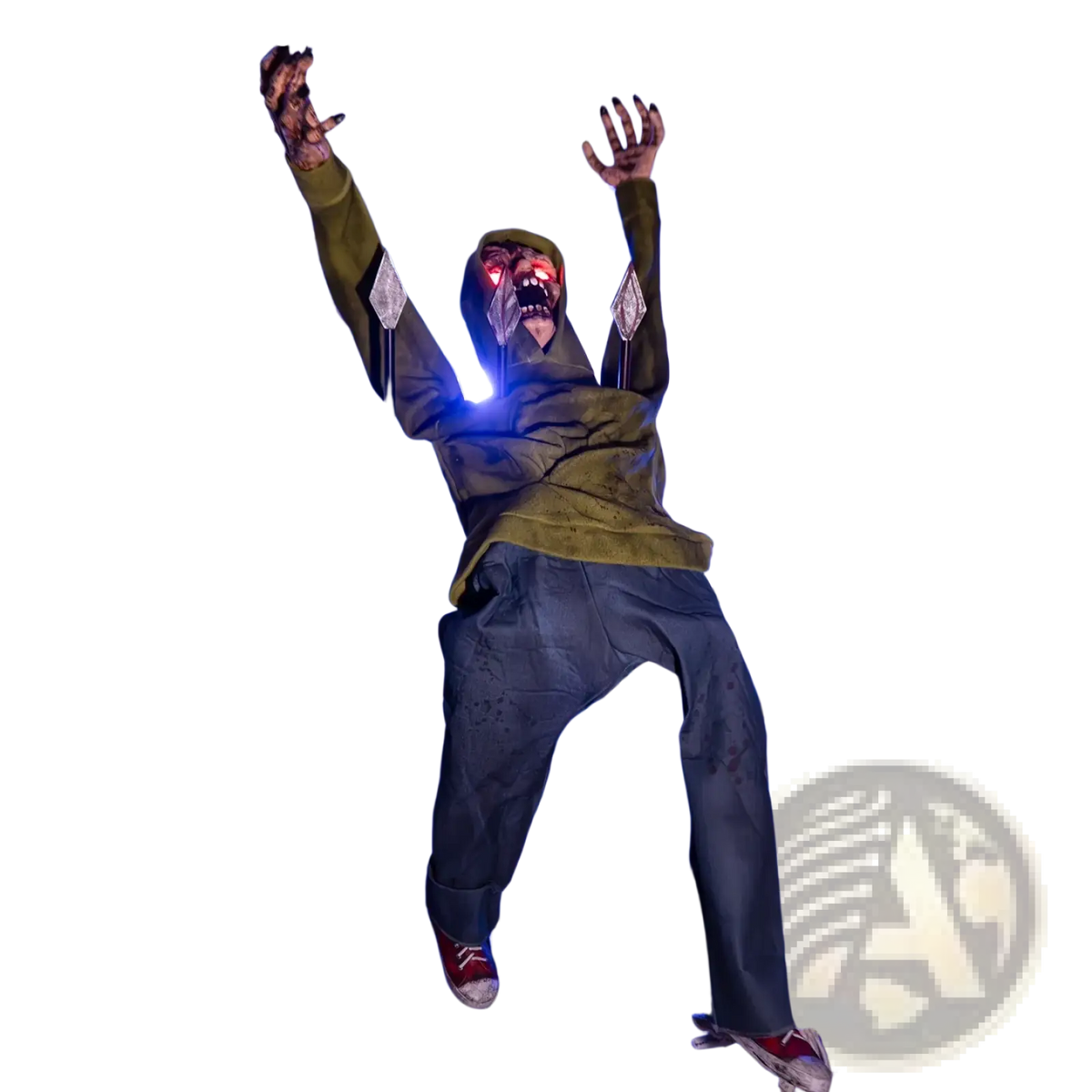 Animated zombie fence breaker halloween decoration with glowing red eyes and tattered olive-green clothing