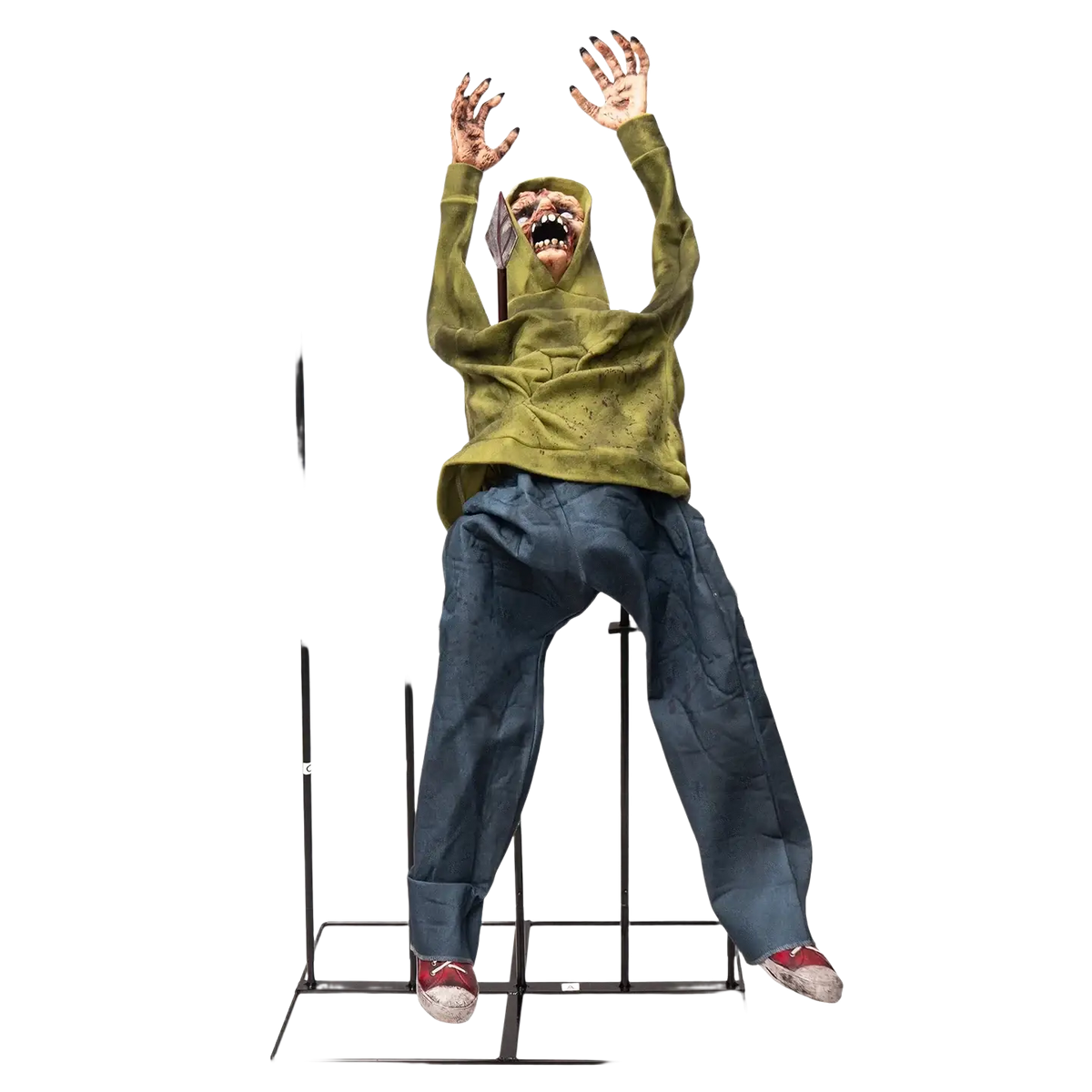 Animated zombie fence breaker halloween decoration featuring a distressed green hoodie and blue pants on iron throne